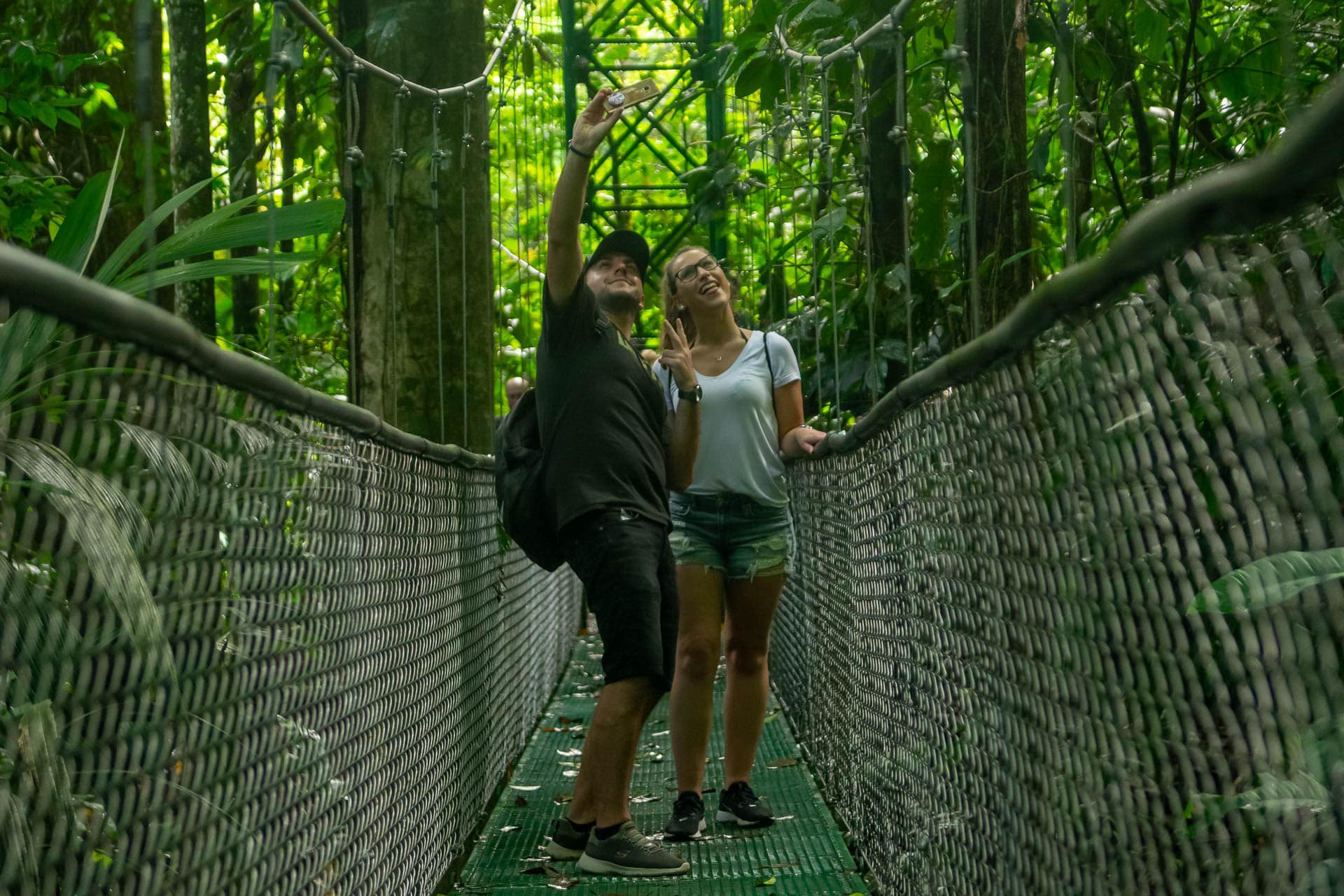 Couple on hanging bridge looking up at wildlife in the canopy